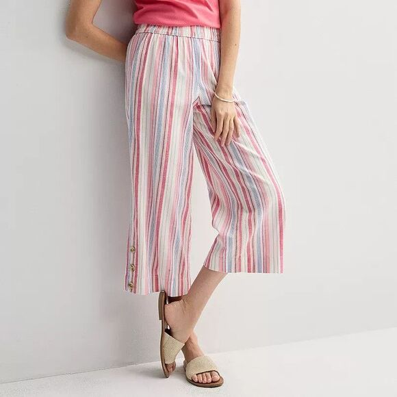 croft & barrow Pants - Croft Barrow Button Hem Pull-On Cropped Pants Womens S Pink Striped Beach NEW